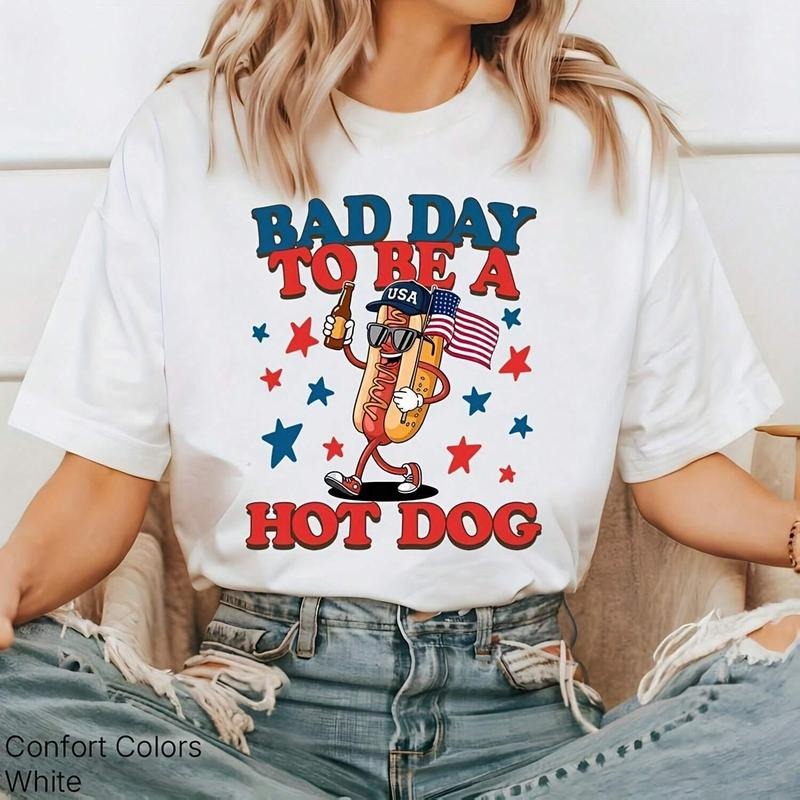 American Independence Day T-shirtAmerican Independence Day T-shirtFunny 4th Of July Hot Dog T-Shirt Bad Day To Be A Hot Dog Patriotic Graphic Summer Retro Vintage Cotton Shirt USA