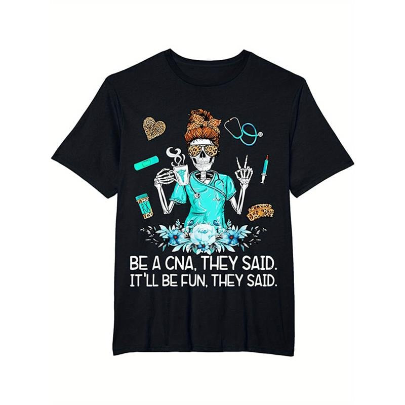 American Independence Day T-shirtCna Nurse Themed T-Shirt Black Cotton Tee With Cartoon Skeleton Illustrations Short Sleeve Round Neck For Casual Wear And Valentines Day Gifts