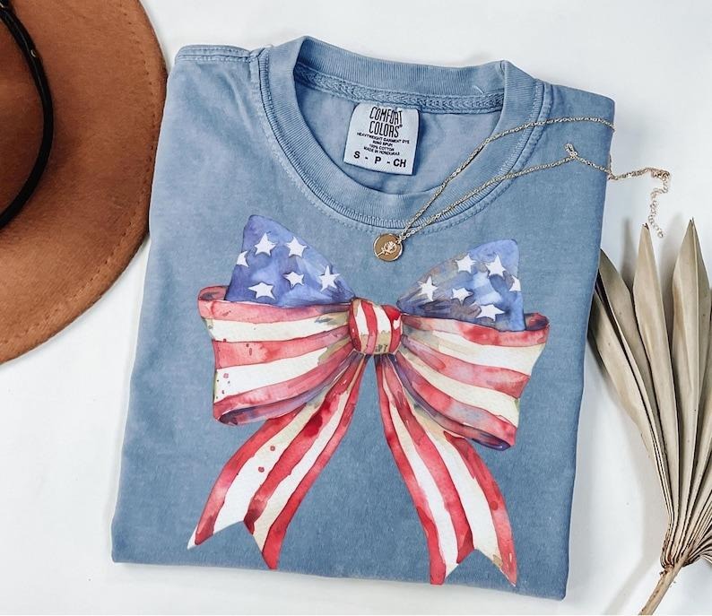 Comfort Colors 4th of July Shirt, Coquette American Flag Shirt, USA Bow Shirt, 4th of July Tee, Women's Patriotic Shirt, Red White and Blue