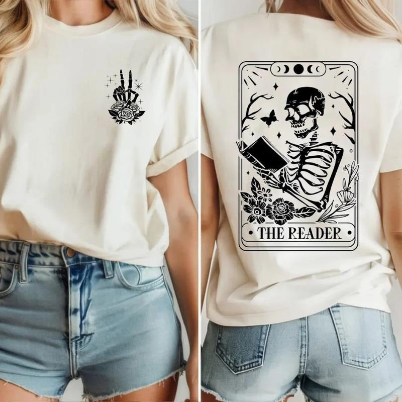 The Reader Tarot Card 2 Sides Sweatshirt, Book Lover Hoodie, Book Lover Gift For Women, Skeleton Reading Shirt, Unisex Sweater Pullover Tee